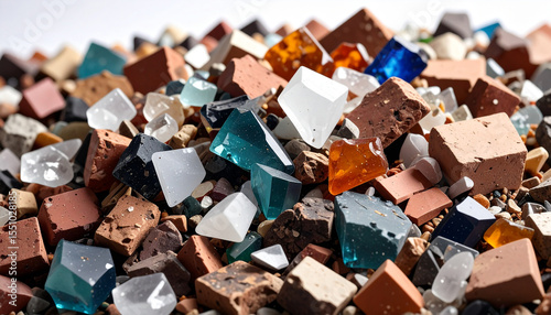 Broken Pieces: A vibrant assortment of fractured construction materials, bricks, glass shards, creating a striking visual representation of demolition and the essence of renewal.