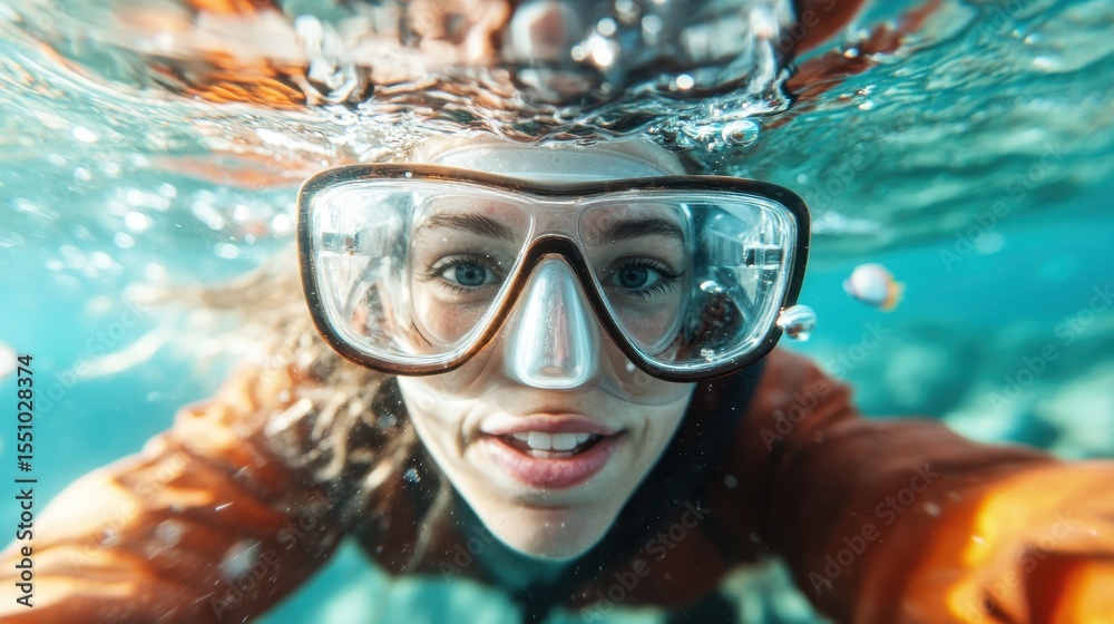Fototapeta premium Beneath the surface, a snorkeler with a joyous expression enjoys the vibrant underwater world, highlighting the beauty of marine life and adventures in nature.