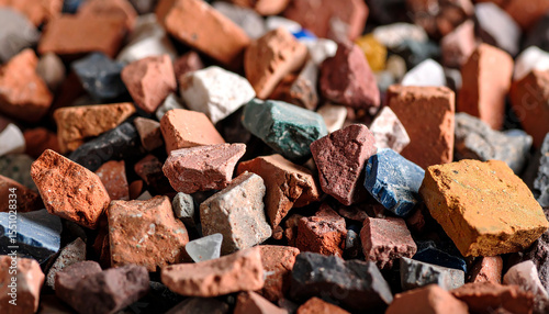 Broken Bricks Texture: A close-up shot reveals a pile of broken bricks in various colors and sizes, showcasing the texture and detail of the fragmented materials.