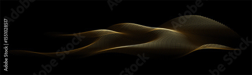 Flowing dots particles wave pattern 3D curve halftone gold gradient curve shape isolated on black background. Vector in concept of technology, science, music, modern, luxury