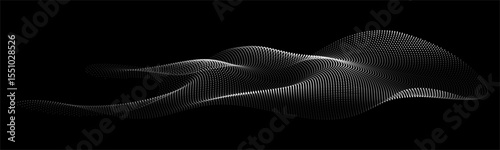 Flowing dots particles wave pattern 3D curve halftone white grey gradient curve shape isolated on black background. Vector in concept of technology, science, music, modern.