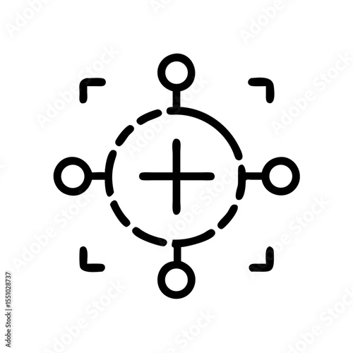 An abstract icon of a plus sign within a circular dotted line, with connection points extending outwards. The design suggests concepts like connection, technology, and expansion. 