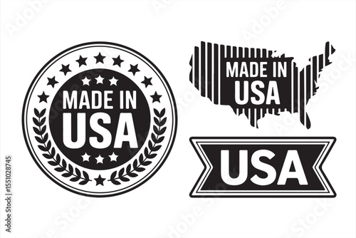 Retro Made in USA Certification Badges with Stamps and Map Icons