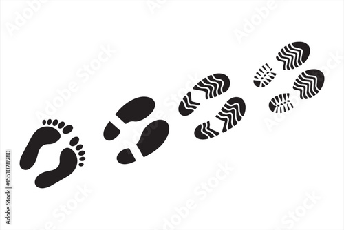 Footprint walking icons with barefoot and shoe tread patterns