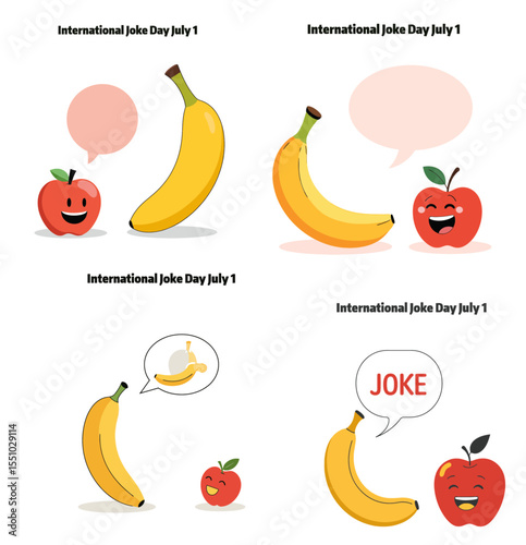 4 vector set of Talking banana telling a joke to a laughing apple flat fruit character vector for International Joke Day on white background