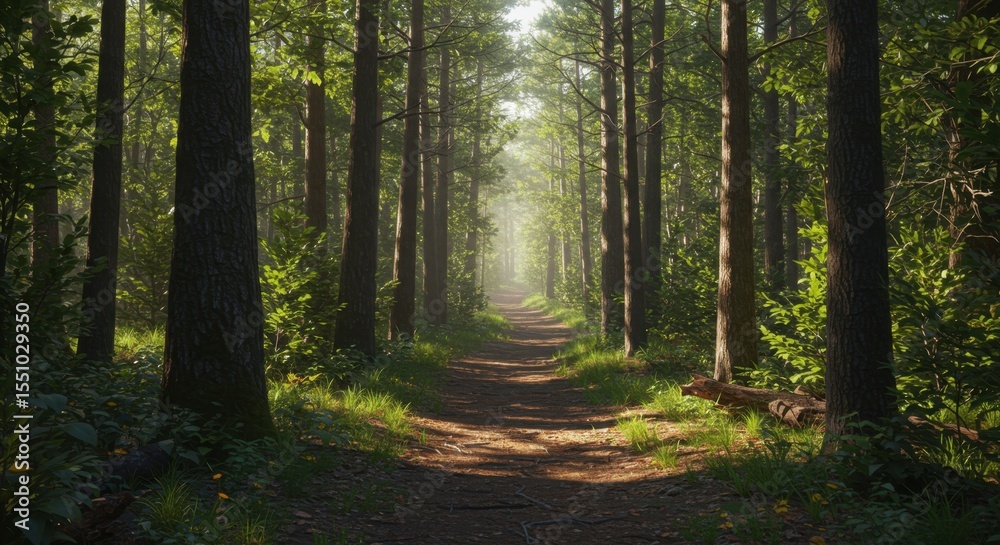 Obraz premium Sunlit Path Through a Misty Forest