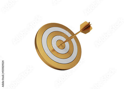 Golden dart hitting the bullseye of a silver and gold target representing success and achievement isolated on transparent background
