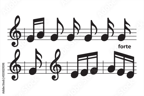Black Music Note and Treble Clef Icon Vector Set