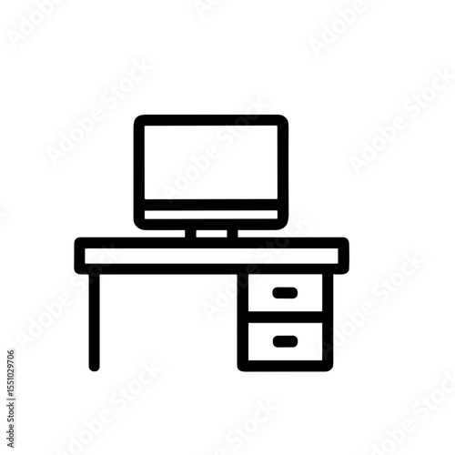 Simple Outline Desk with Computer Screen Minimalist Icon Illustration