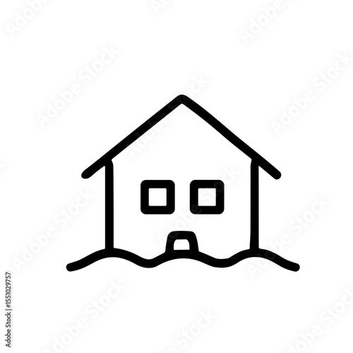 Minimalist Outline Flood Damaged House Residential Building Line Art Icon