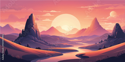Panoramic mountain landscape at dawn and dusk with sun-kissed peaks, misty valleys, and dramatic clouds
