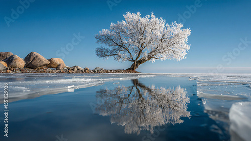 Frosty tree and its reflection in an icy lake
