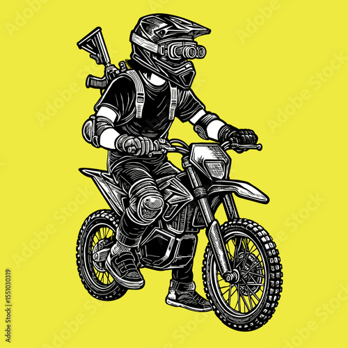 Tactical Dirt Biker with Night Vision and Rifle – Engraved Vector Style Illustration