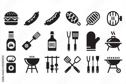 Vector Icons of BBQ Essentials with Grills, Forks, and Sausages for Picnic Design