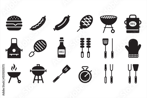 BBQ Grill Icons Featuring Cooking Tools and Food in Simple Bold Vector Design