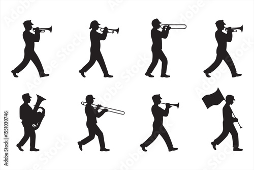 Musical Marching Band in Silhouette with Horns and Saxophones