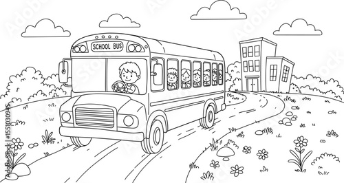 Black and white school bus coloring page with children, cartoon educational drawing, printable kids worksheet, back to school art for fun learning activity