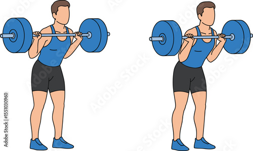 Barbell squat exercise illustration, male athlete performing weightlifting workout, proper form guide, fitness training posture, gym strength routine, health and wellness concept, vector image