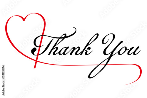 Thank You - Thank you word with red heart, for note, sign, banner, type logo. Isolated.
