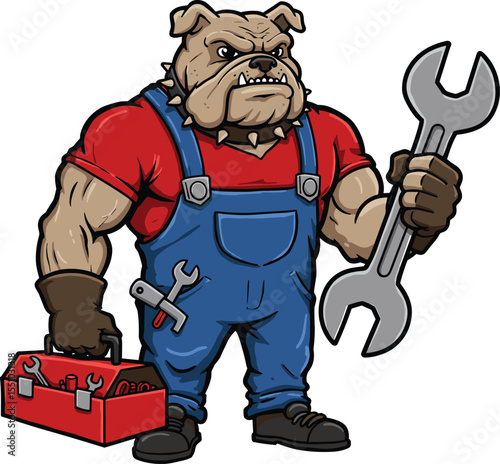 Cartoon bulldog mechanic character holding big wrench and toolbox, muscular tough worker in blue overalls, funny animal illustration for repair, service and labor themes
