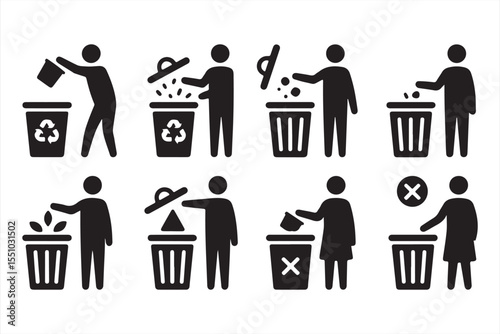 Stick figure icons throwing waste into recycling bins