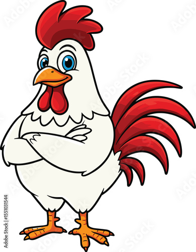 Cartoon confident rooster standing with folded arms, farm animal illustration, red comb chicken, mascot character, isolated design, proud pose, bold expression, vector art