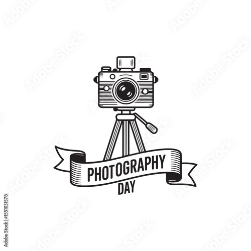 Vintage camera on tripod with photography day ribbon banner illustration