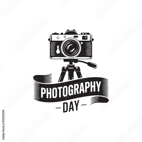 Vintage camera on tripod with photography day ribbon emblem