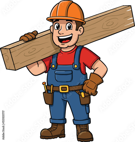 Cartoon construction worker carrying wooden plank, wearing safety helmet, smiling builder character, blue overalls, carpenter equipment, repair toolbelt,