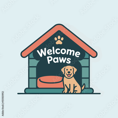A cheerful golden retriever puppy sits inside a teal and coral dog house illustration with Welcome Paws text a paw print and a coral dog bed