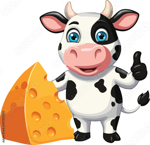 Cartoon cow with blue eyes standing next to yellow cheese, thumbs up, happy dairy animal mascot, cute farm character illustration, food and farming concept