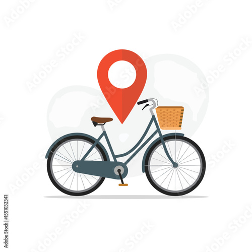 A gray bicycle with a brown wicker basket and a red location pin symbol on a white background with two off white heart shapes behind the bicycle