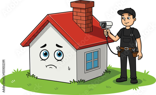 Cartoon house with sad face, security technician installing surveillance camera, home safety inspection illustration, funny home expression, smart security cartoon scene concept