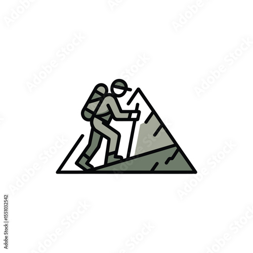 A hiker with a backpack ascends a stylized mountain using a trekking pole green olive brown color scheme line art illustration