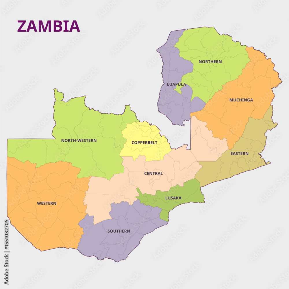 Fototapeta premium Map of Zambia Provinces and Regions