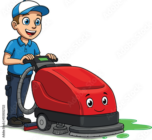 Cartoon janitor using floor cleaning machine, smiling worker character, industrial cleaner with scrubber, maintenance cartoon, cleaning equipment concept, hygiene, sanitation illustration