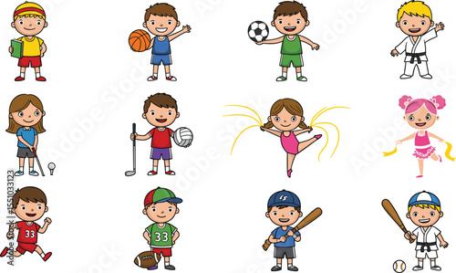 Cartoon kids playing various sports, group of children athletes, physical activity characters, sports training fun, exercise illustration, healthy lifestyle, active youth concept image