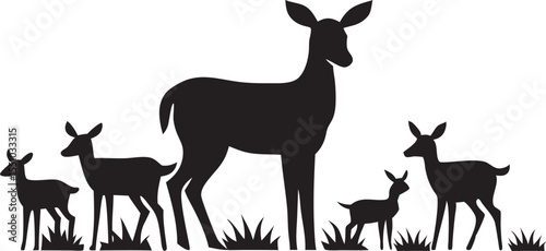 Vector Silhouette of Deer Family Including Buck, Doe, and Fawns in Forest