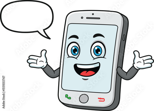 Cartoon smartphone character with expressive face, happy smile, open hands, speech bubble, communication concept, mobile device vector, fun design, digital illustration