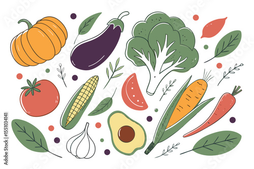 Hand drawn colorful vegetables and salad. Modern abstract minimal style. Healthy organic food. Tomatoes, onion, zucchini, eggplant, leek, potatoes, corn, peppers, beet. Vector flat illustration. 