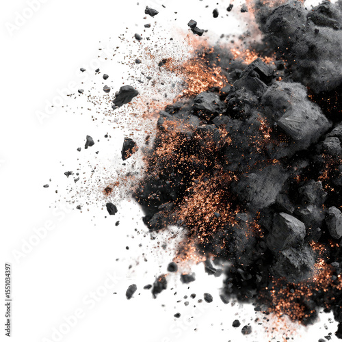 Fiery debris explosion, rocky fragments