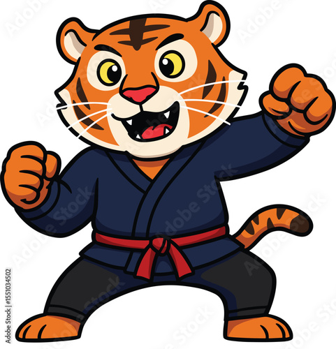 Cartoon tiger character in karate uniform, martial arts pose, red belt fighter animal mascot, strong and brave tiger illustration, vector drawing, isolated background