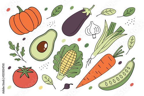 Hand drawn colorful vegetables and salad. Modern abstract minimal style. Healthy organic food. Tomatoes, onion, zucchini, eggplant, leek, potatoes, corn, peppers, beet. Vector flat illustration. 