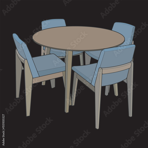 Vector Dining Table with Chairs. Modern Wooden Furniture Illustration for Interior Design and Home Decor Projects