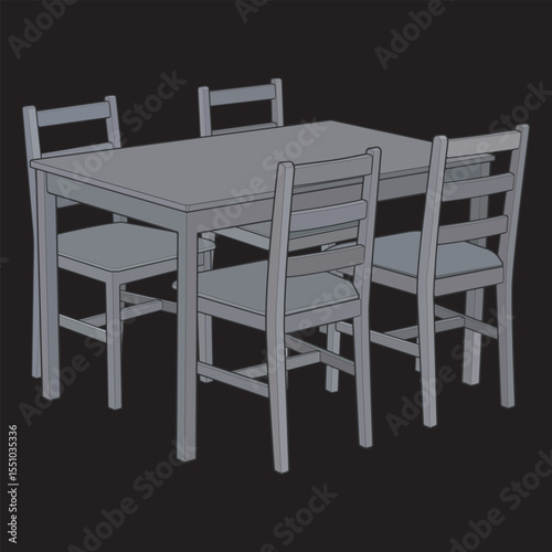 Vector Dining Table with Chairs. Modern Wooden Furniture Illustration for Interior Design and Home Decor Projects