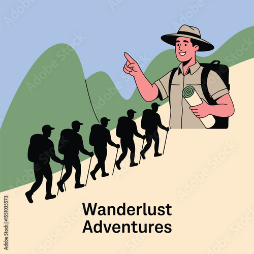 A Smiling Guide Leads a Line of Hikers Up a Mountain Path Illustrated in a Simple Flat Style with Green Hills and a Beige Background Featuring Black Silhouettes and Tan Beige Clothing