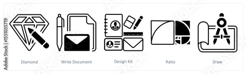 A set of 5 mix icons as diamond, write document, design kit