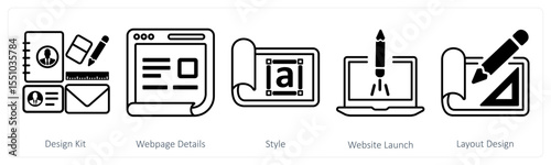 A set of 5 mix icons as design kit, webpage details, style