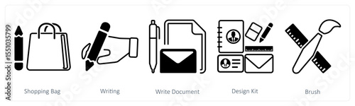 A set of 5 mix icons as shopping bag, writing, write document
