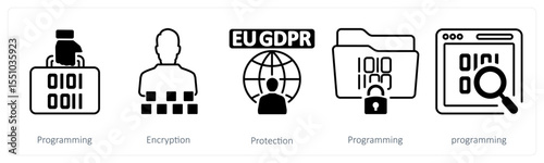 A set of 5 mix icons as programming, encryption, protection